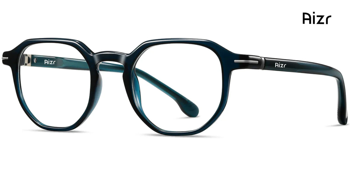 Teal eyeglasses with 'Aizr' branding on a white background