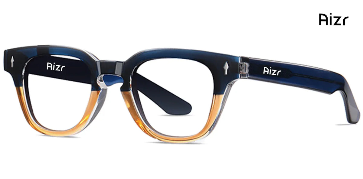 Blue and brown eyeglasses with 'Aizr' branding on a white background