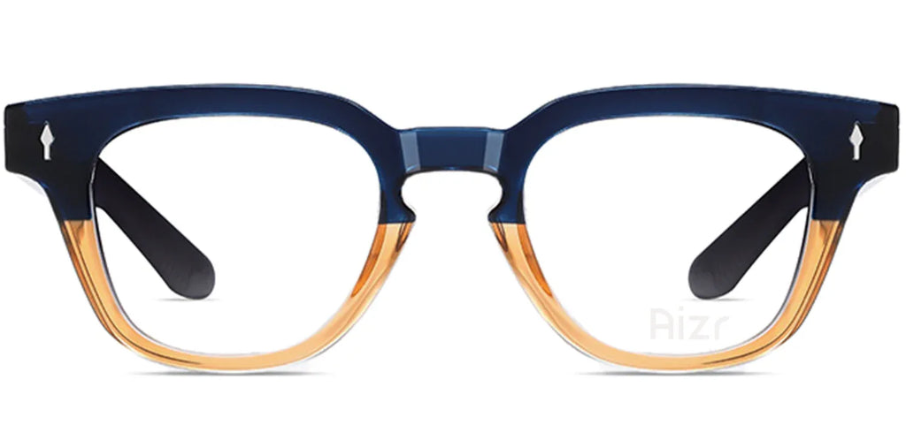 Blue and brown eyeglasses on a white background