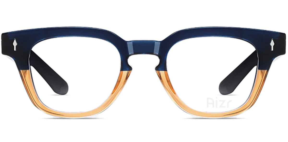 Blue and brown eyeglasses on a white background