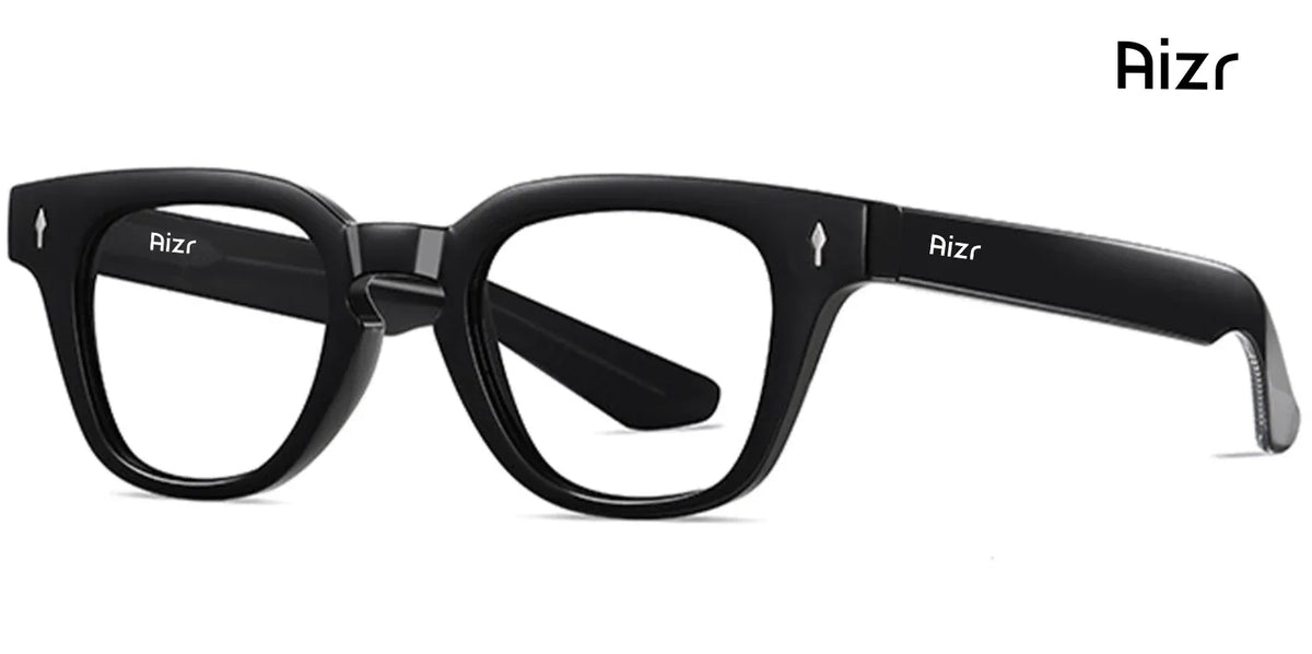 Black eyeglasses with 'Aizr' branding on a white background
