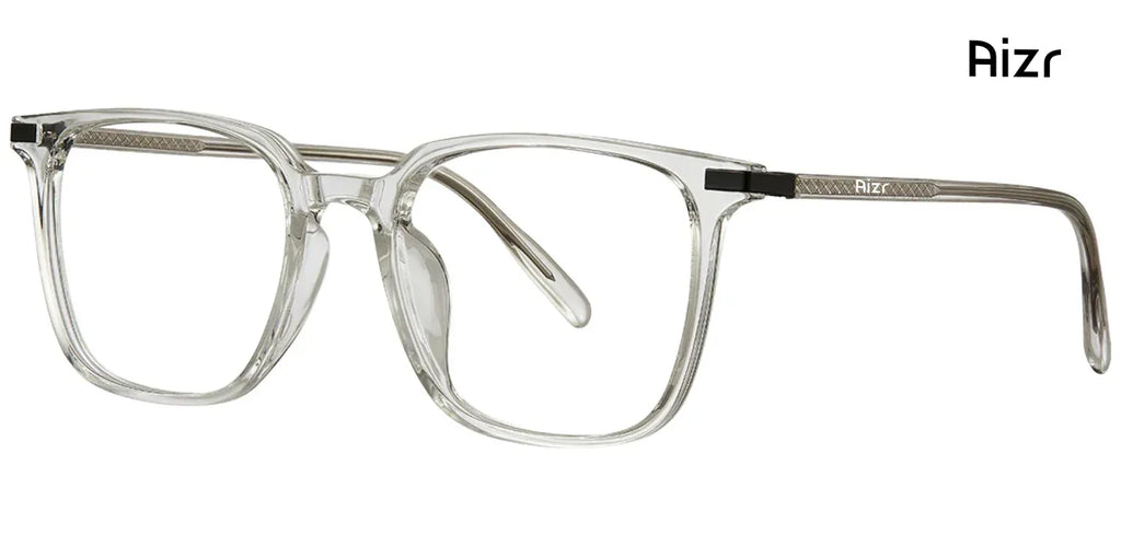 Clear eyeglasses with 'Aizr' branding on a white background