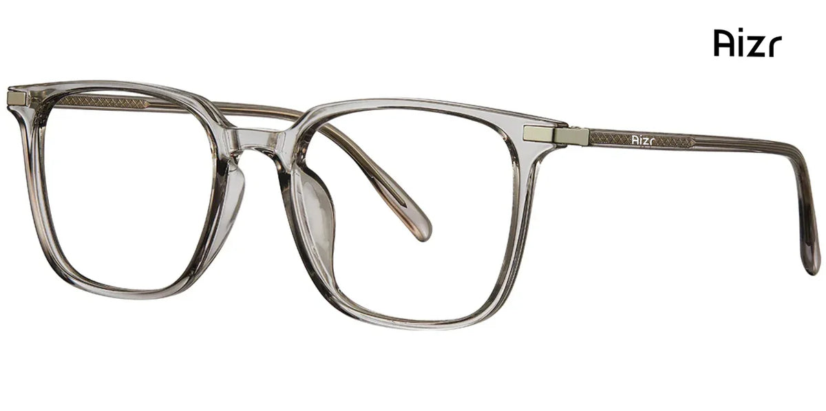 Clear eyeglasses with 'Aizr' branding on a white background