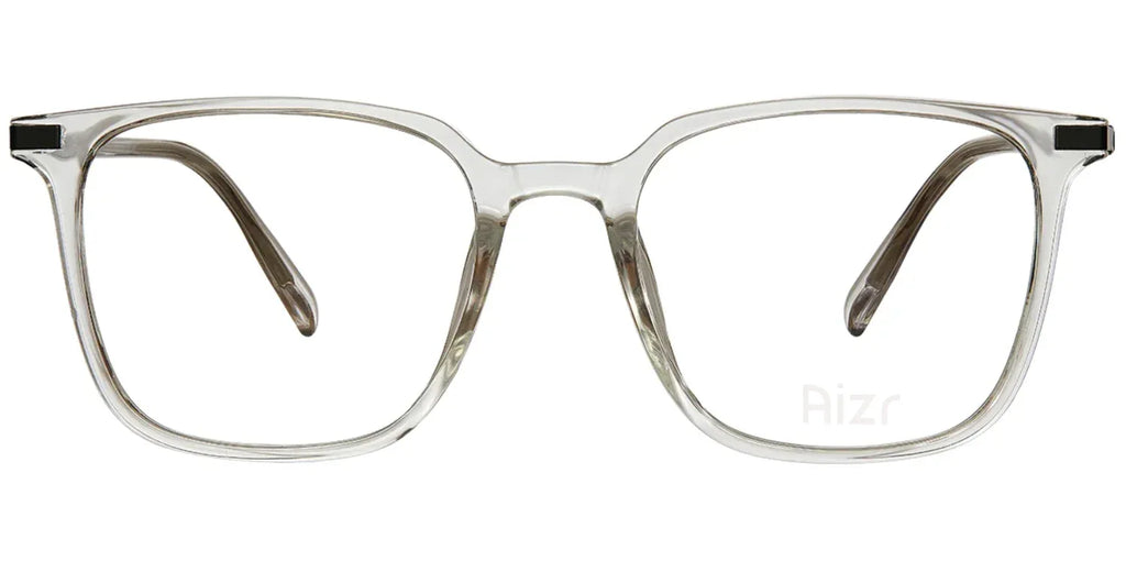 Clear eyeglasses with black accents on a white background