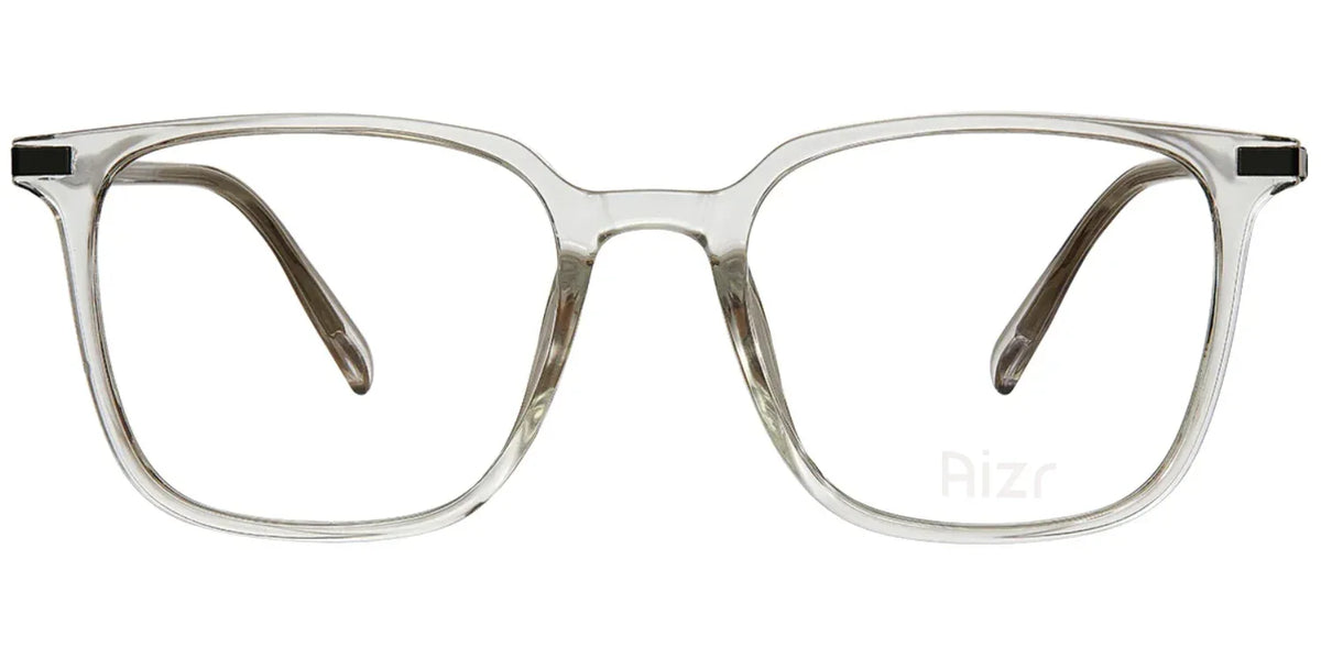 Clear eyeglasses with black accents on a white background