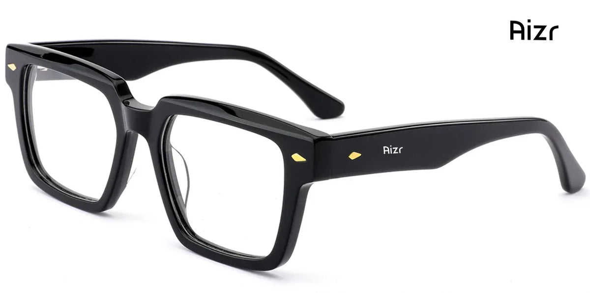 Black  square eyeglasses with 'Aizr' branding on a white background