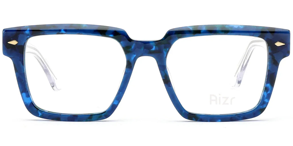 Blue tortoiseshell  suare eyeglasses with 'Aizr' branding on a white background