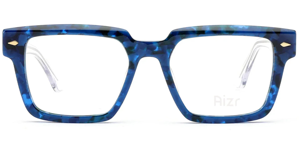 Blue tortoiseshell  suare eyeglasses with 'Aizr' branding on a white background
