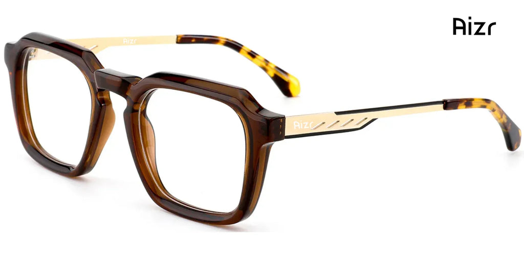 Brown and yellow tortoiseshell eyeglasses on a white background with 'Aizr' branding.