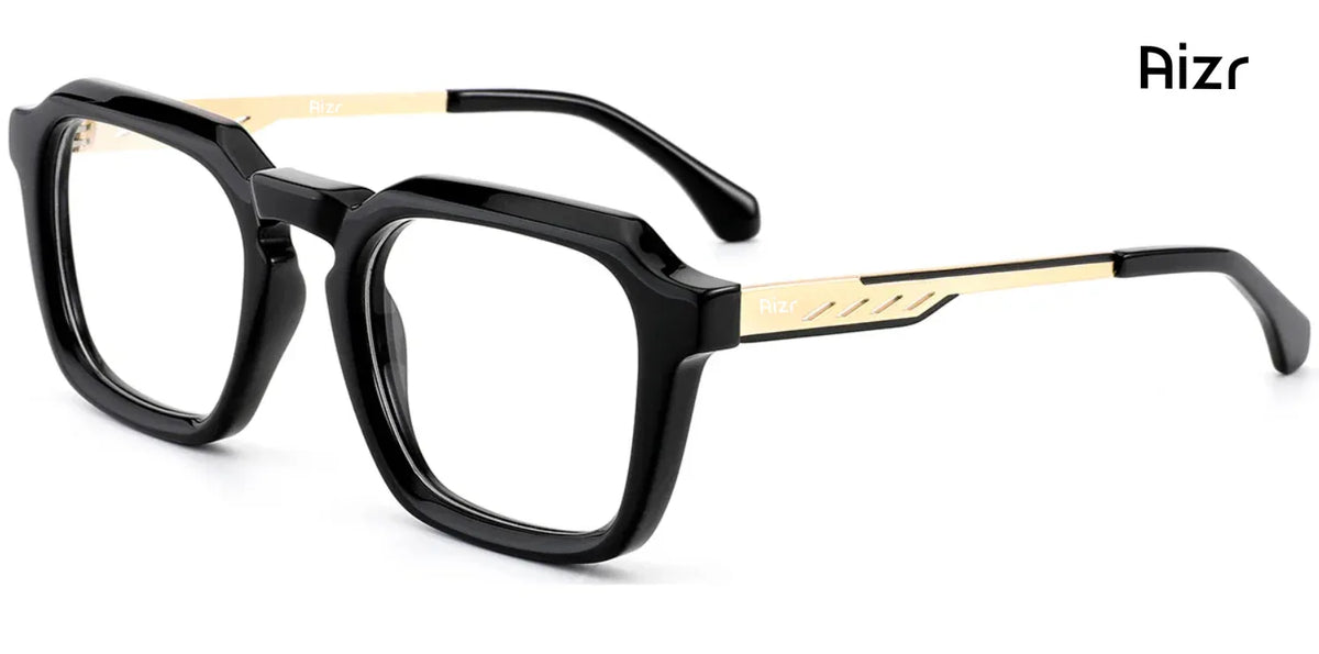 Black and gold eyeglasses on a white background with 'Aizr' branding.