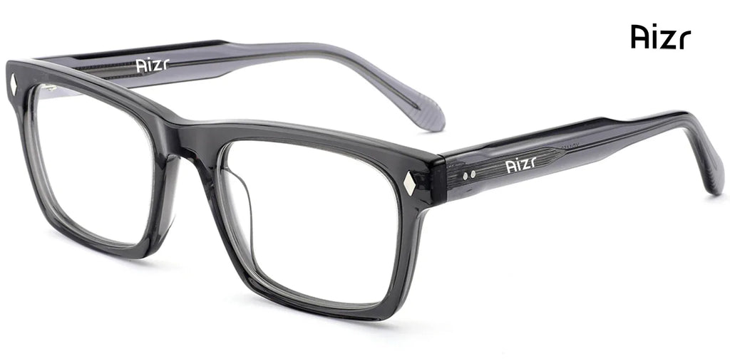 Gray eyeglasses with 'Aizr' branding on a white background