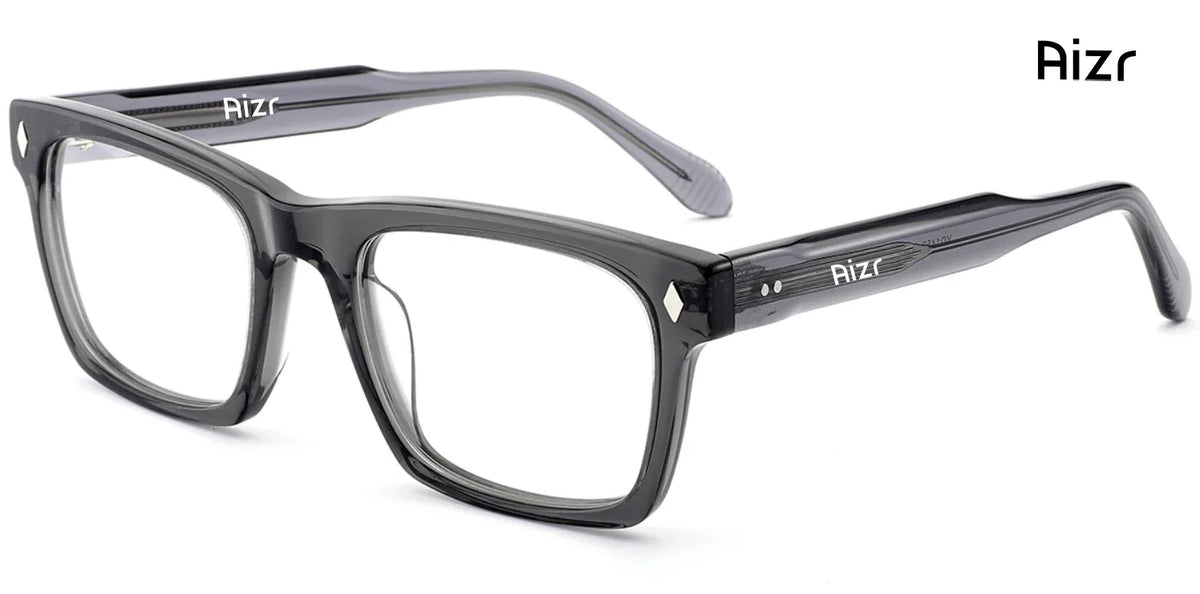 Gray eyeglasses with 'Aizr' branding on a white background