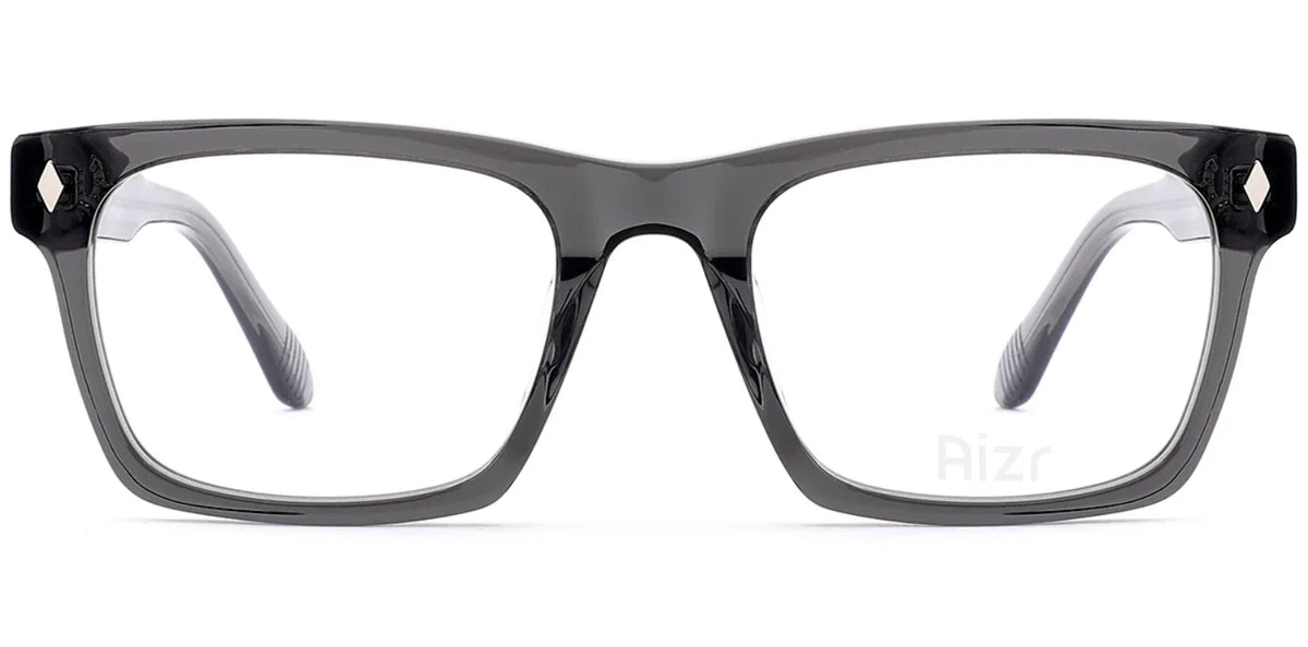 Black eyeglasses with clear lenses on a white background