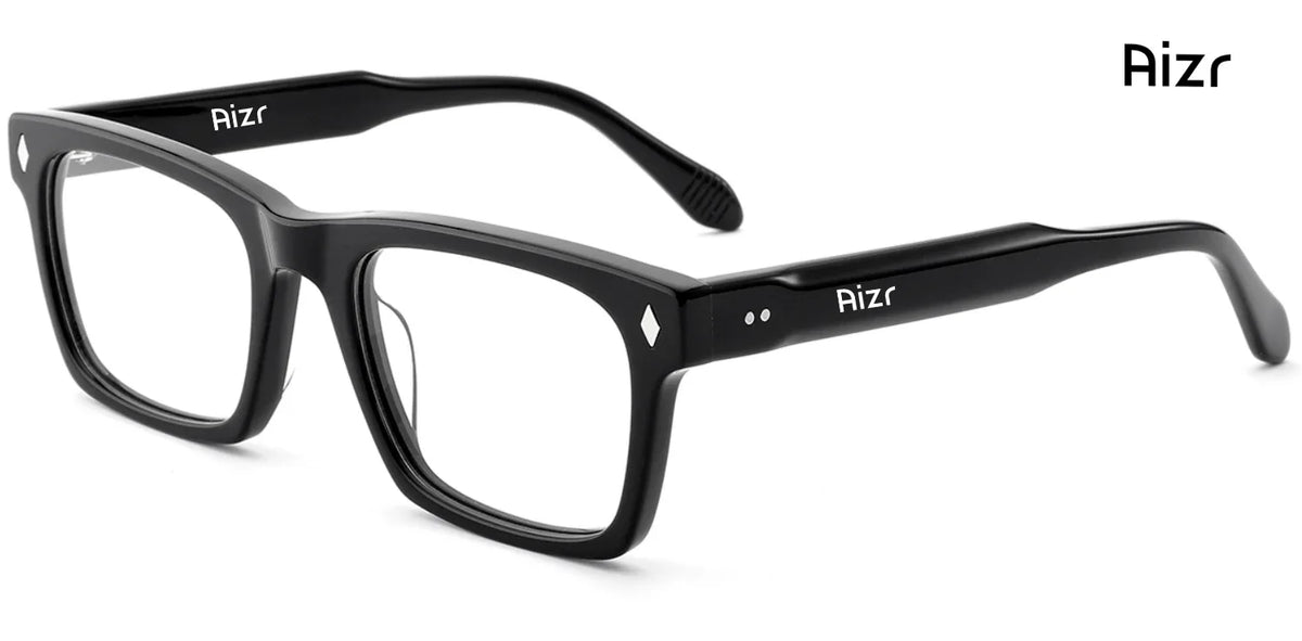 Black eyeglasses with 'Aizr' branding on a white background