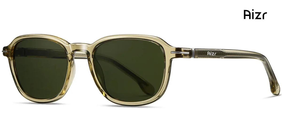 Sunglasses with gold frame and dark lenses on a white background, featuring the brand 'Aizr'.