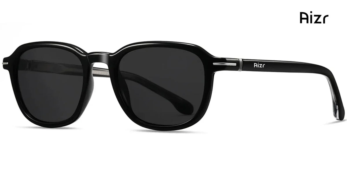 Black sunglasses with 'Aizr' branding on a white background