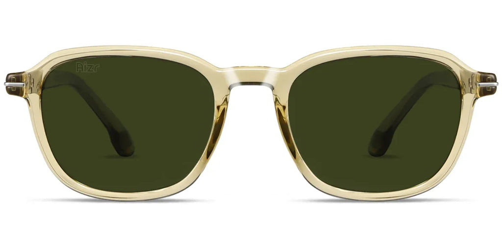 Sunglasses with beige frame and green lenses on a white background