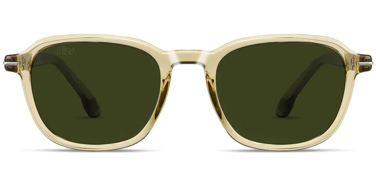 Sunglasses with beige frame and green lenses on a white background