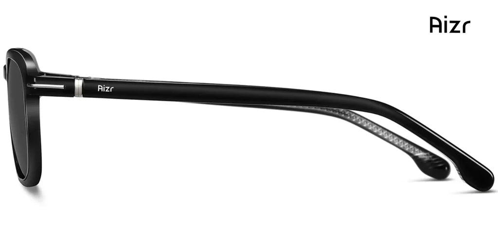 Black sunglasses with 'Aizr' branding on a white background