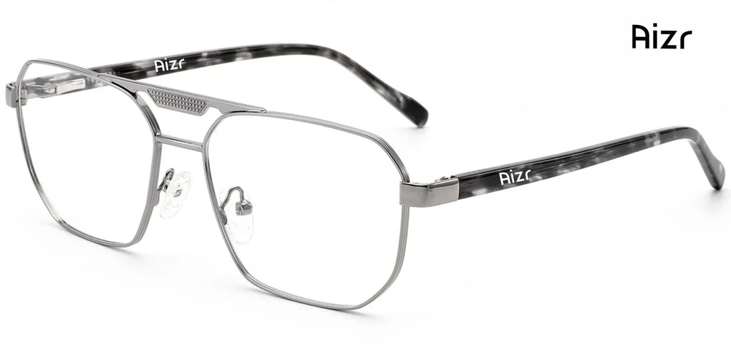 Silver eyeglasses with 'Aizr' branding on a white background