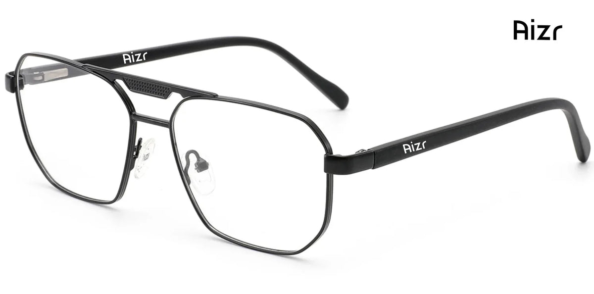 Black eyeglasses with 'Aizr' branding on a white background