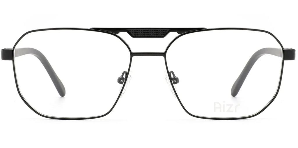 Black eyeglasses with a metallic frame on a white background