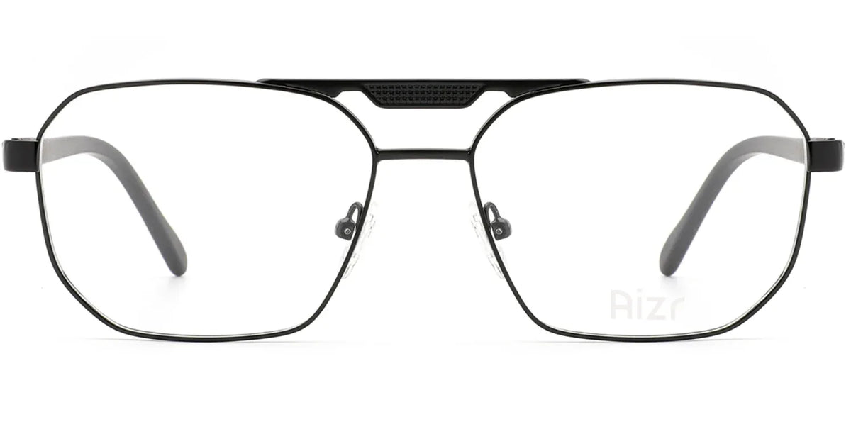 Black eyeglasses with a metallic frame on a white background