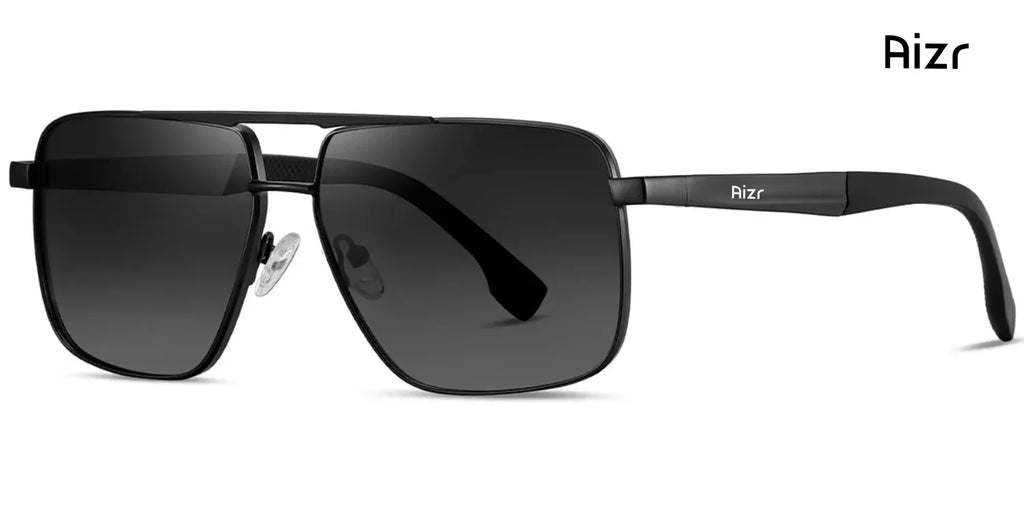 Black sunglasses with 'Aizr' branding on a white background
