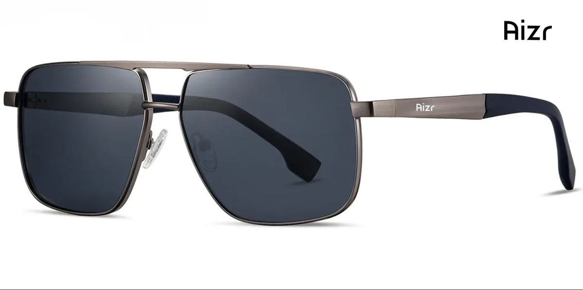 Sunglasses with a metallic frame and dark lenses on a white background, branded 'Aizr'.