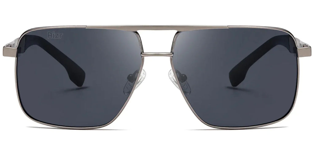 Aviator sunglasses with dark lenses and silver frame on a white background