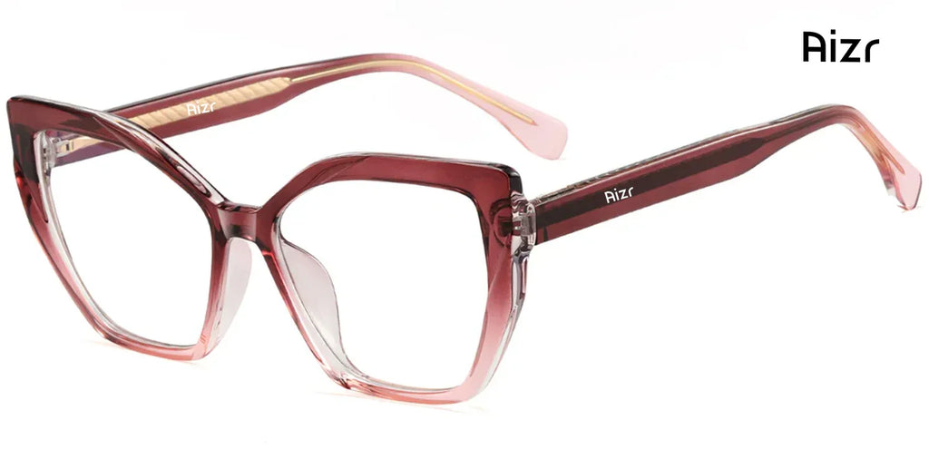 Cat-eye glasses with a gradient design on a white background, featuring the brand 'Aizr'.