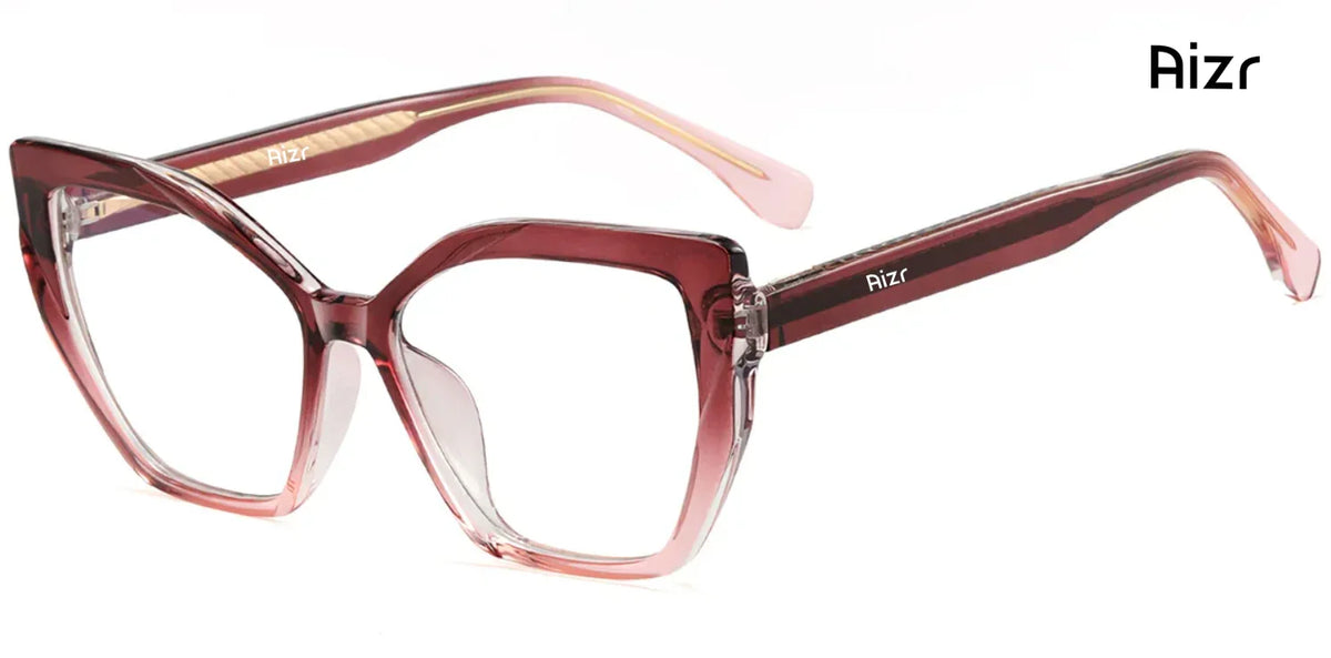 Cat-eye glasses with a gradient design on a white background, featuring the brand 'Aizr'.
