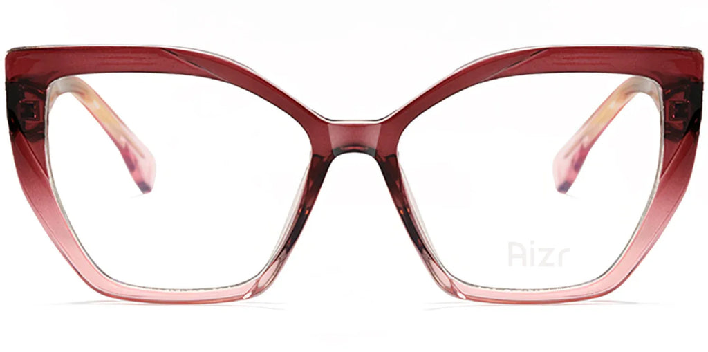 Cat-eye glasses with a red and pink gradient frame on a white background