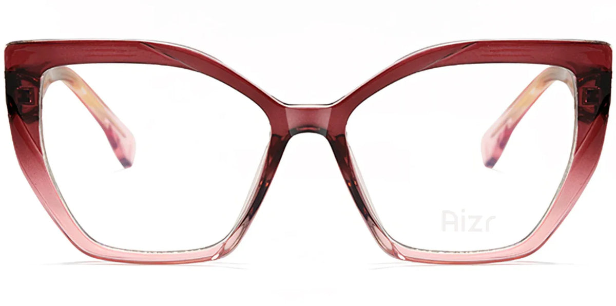 Cat-eye glasses with a red and pink gradient frame on a white background