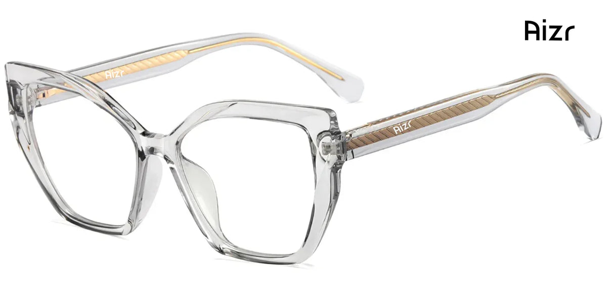 Clear cat-eye glasses with gold accents on a white background, branded 'Aizr'.