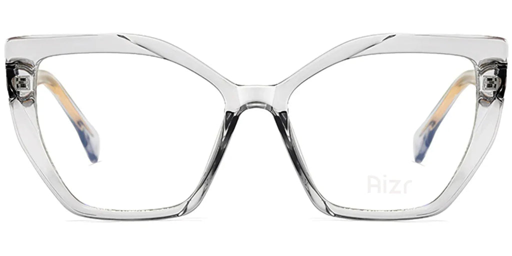 Clear cat-eye glasses with a brand logo on a white background