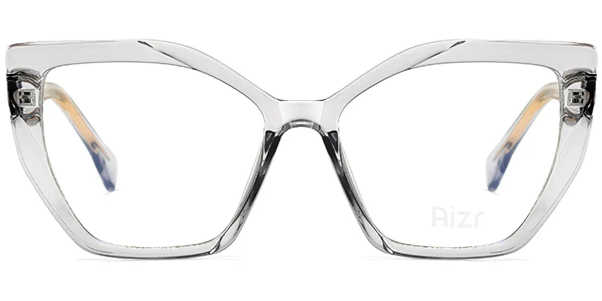 Clear cat-eye glasses with a brand logo on a white background