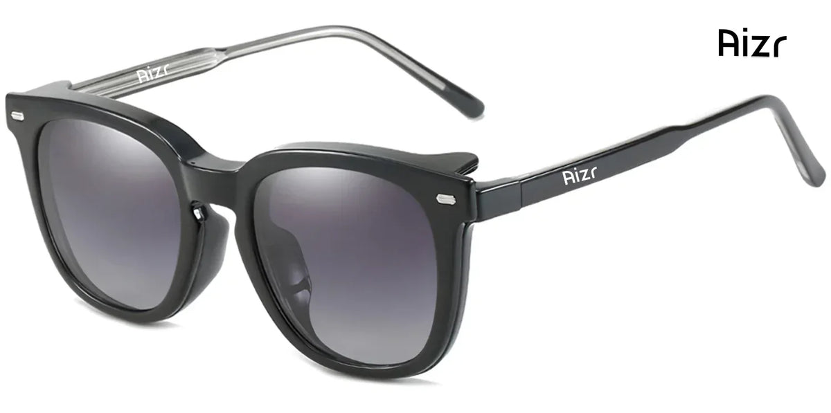 Black sunglasses with gradient lenses on a white background, featuring the brand 'Aizr'.