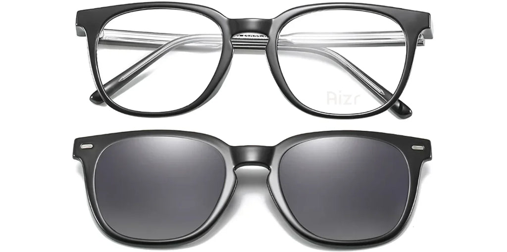 Two pairs of eyewear, one with clear lenses and the other with dark lenses, on a white background.
