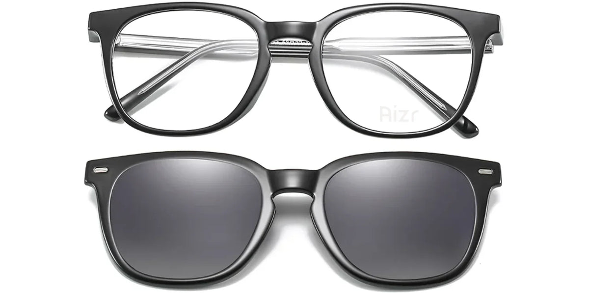 Two pairs of eyewear, one with clear lenses and the other with dark lenses, on a white background.