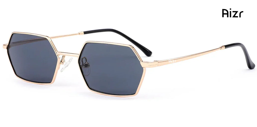 Hexagonal sunglasses with gold frame and dark lenses on a white background, branded 'Aizr'.