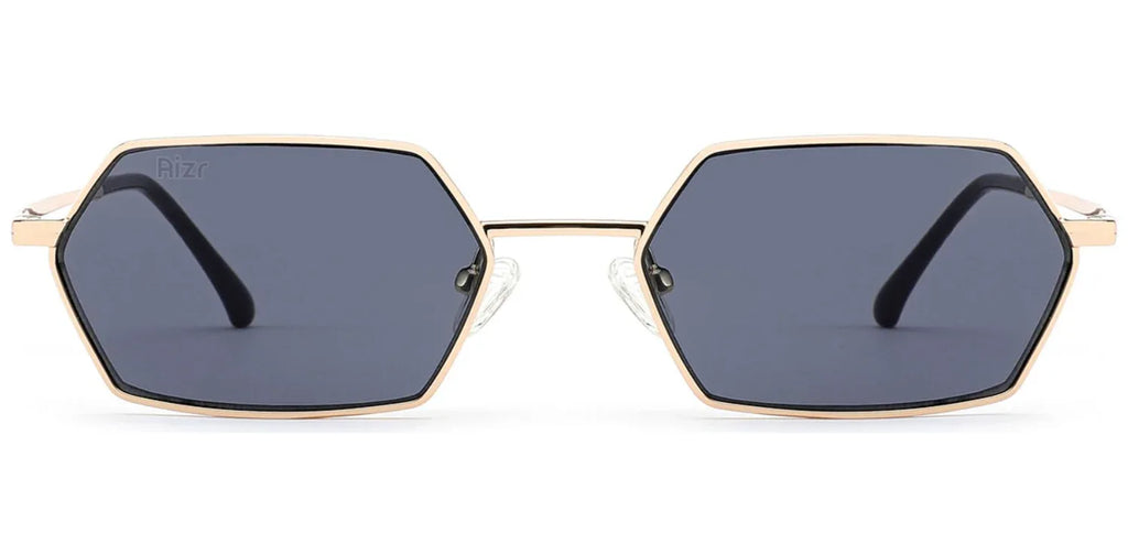 Gold-framed sunglasses with dark lenses on a white background