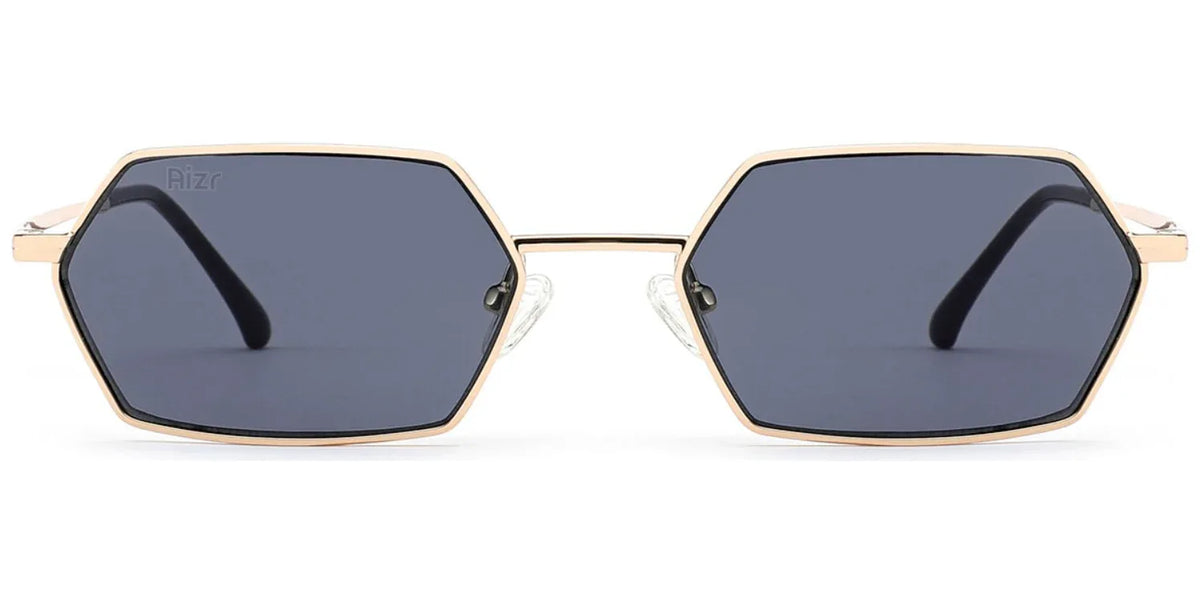 Gold-framed sunglasses with dark lenses on a white background