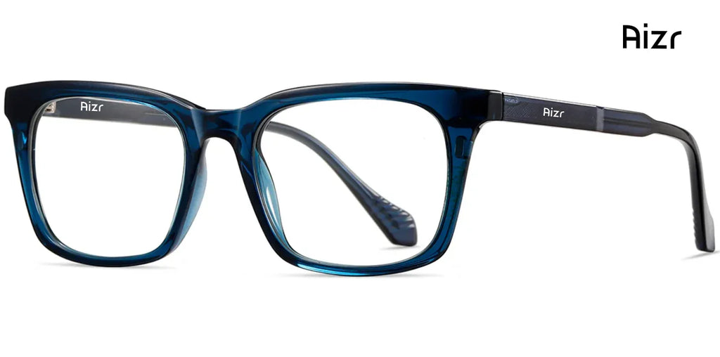 Blue eyeglasses with 'Rizr' branding on a white background