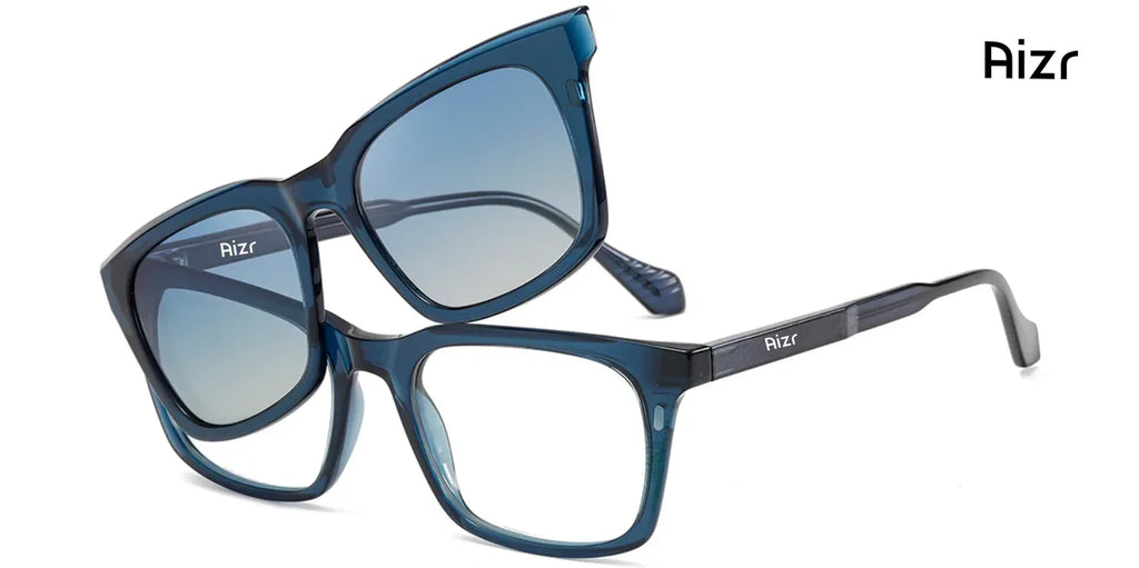 Blue eyeglasses and sunglasses with 'Aizr' branding on a white background