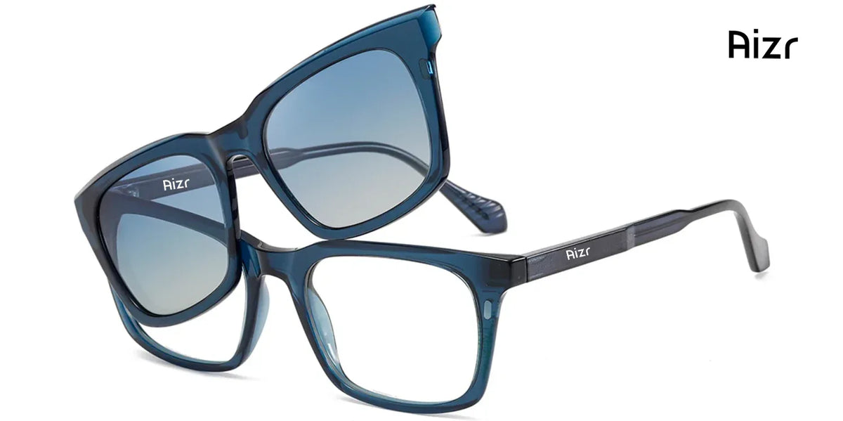 Blue eyeglasses and sunglasses with 'Aizr' branding on a white background