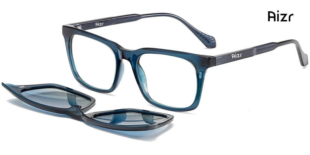 Blue eyeglasses with a case on a white background, featuring the brand 'Rizr'.