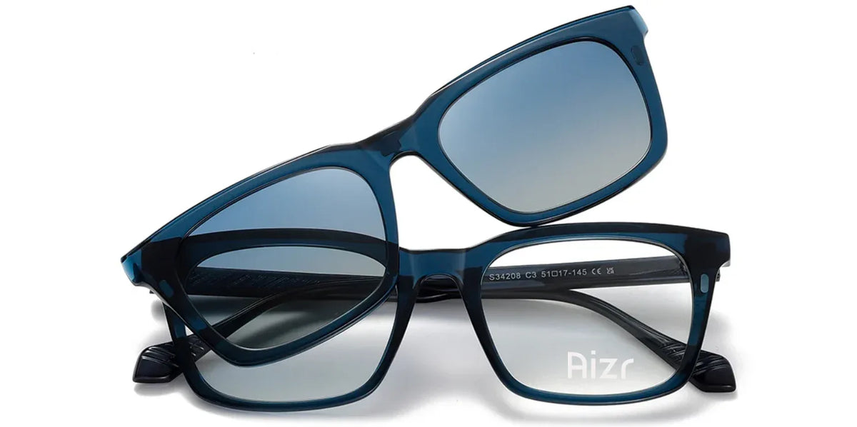 Blue eyeglasses with a clear lens on a white background