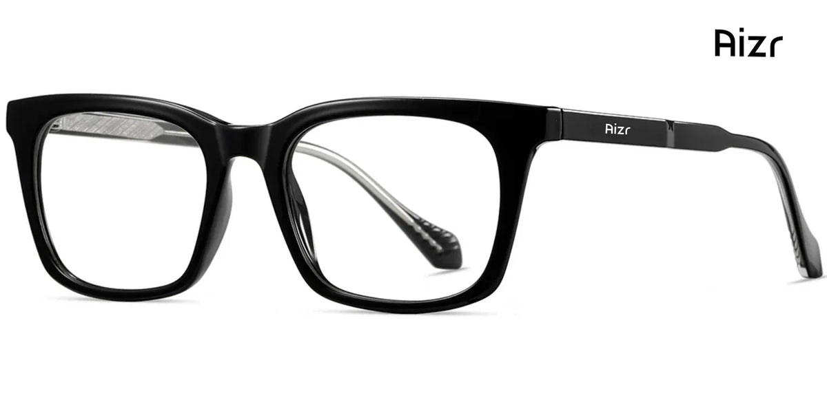 Black eyeglasses with 'Rizr' branding on a white background