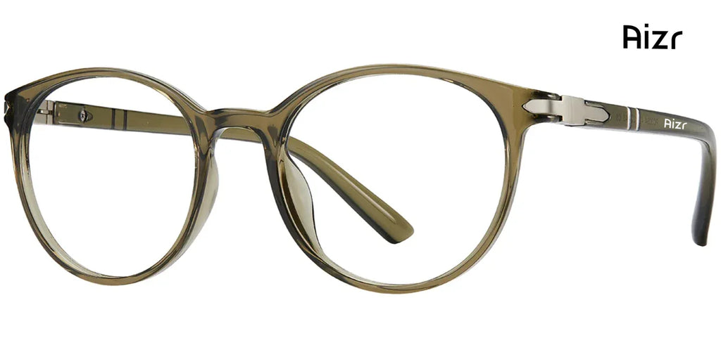 Round eyeglasses with a green frame on a white background, branded 'Rizr'.